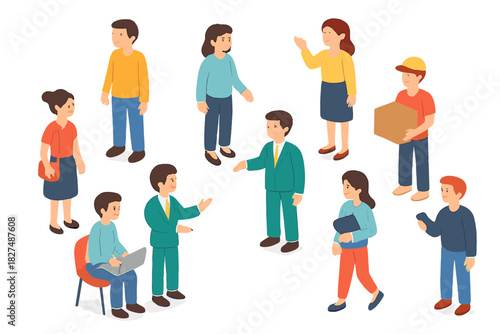 Isometric diverse group of people interacting in a business and casual setting