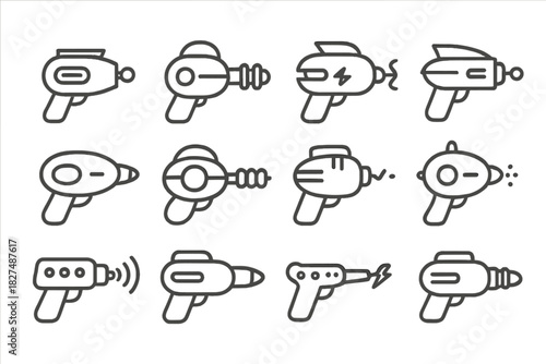 Retro futuristic space weapons collection featuring ray guns and laser blasters