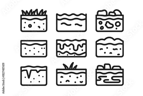Nine soil layers and ground cross sections showing different textures and stratification