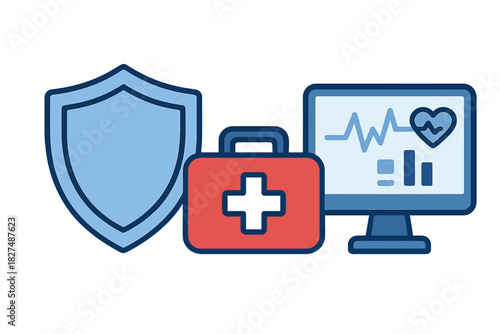 Health insurance and medical data protection concept with shield, first aid kit, and monitor display