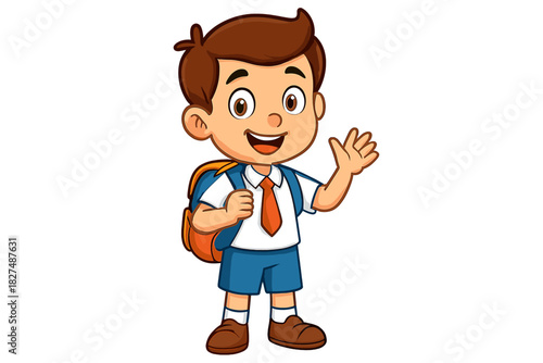 Young schoolboy in uniform and backpack waving hello while standing ready for class