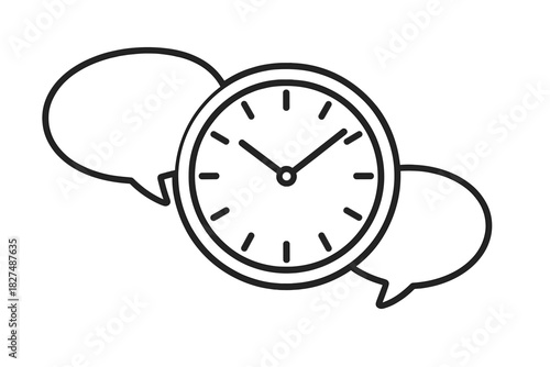 Analog clock and speech bubbles representing timely communication and discussion