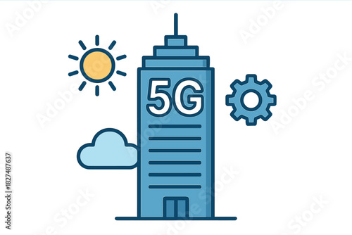 Modern skyscraper building with 5G connectivity sign, gear icon, sun, and cloud symbols