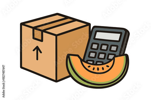 Cardboard shipping box next to a calculator and a slice of fresh melon fruit