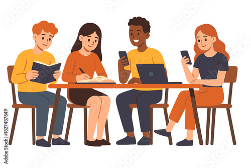 Diverse young students collaborating and studying together at a shared table