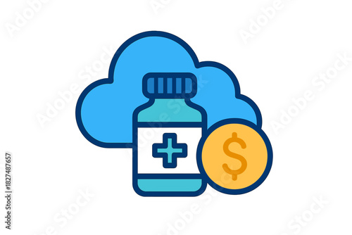 Digital medicine bottle and dollar coin symbolizing cloud computing healthcare costs and online pharmacy services