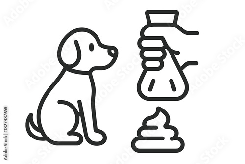 Sitting puppy next to dog waste being collected by a hand with a cleanup bag