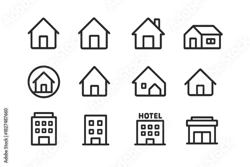 Simple line icons set of residential and commercial buildings and real estate