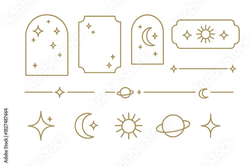 Minimalist golden celestial frames, dividers, and mystical space icons set