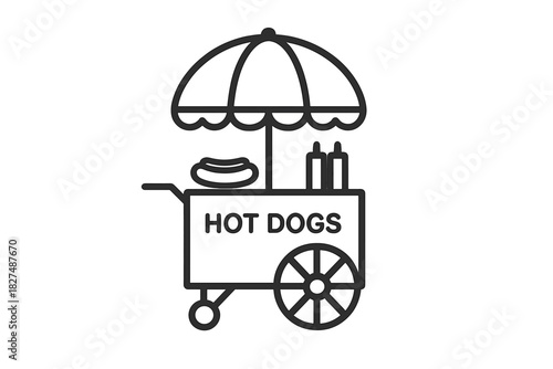 Minimalist line drawing of a hot dog street food cart and condiment bottles