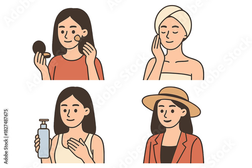 Set of portraits of a young woman performing daily beauty and self-care routines