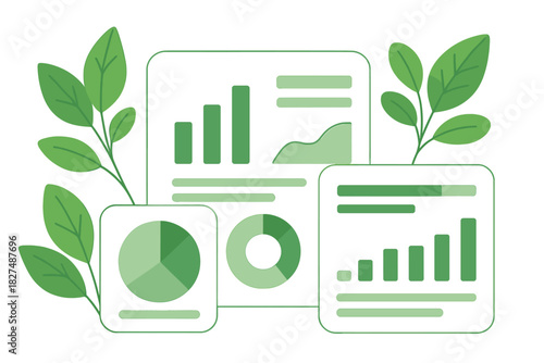 Eco-friendly financial growth reports and environmental data visualization charts