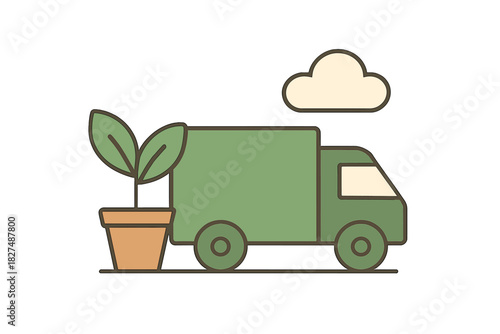 Green delivery truck transporting a potted plant symbolizing sustainable logistics