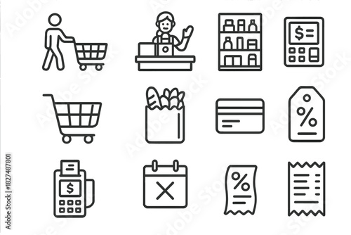 Outline symbols representing retail, commerce, payment, and shopping transactions