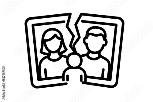 Distressed child standing between separating parents in a broken family portrait