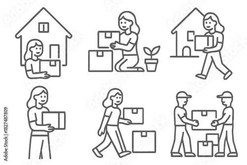 Outline icons collection depicting relocation, package handling, and home delivery services