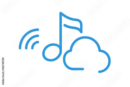 Cloud music streaming service icon with musical note and wireless signal waves