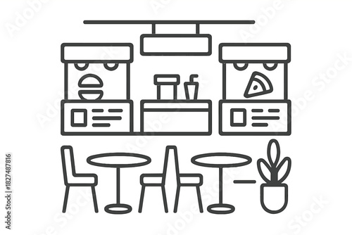 Modern food court interior design featuring service kiosks, dining tables, and seating area