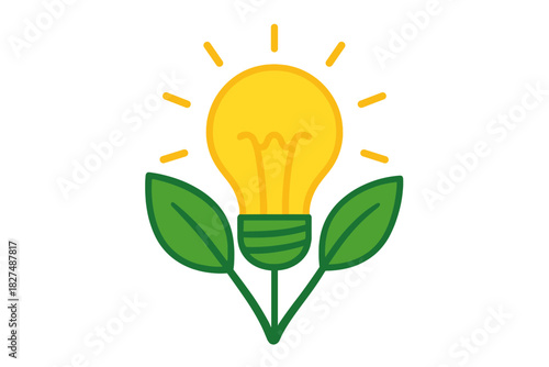 Bright glowing light bulb growing from a green plant stem representing sustainable energy