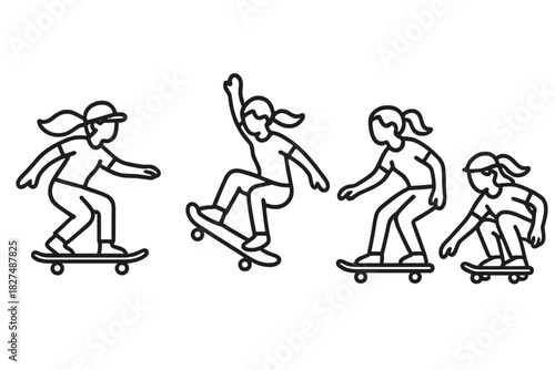 Female skateboarders performing tricks and riding in dynamic action poses