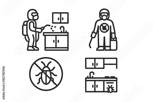 Professional pest control service featuring exterminator spraying kitchen cabinets and insect prohibition signs