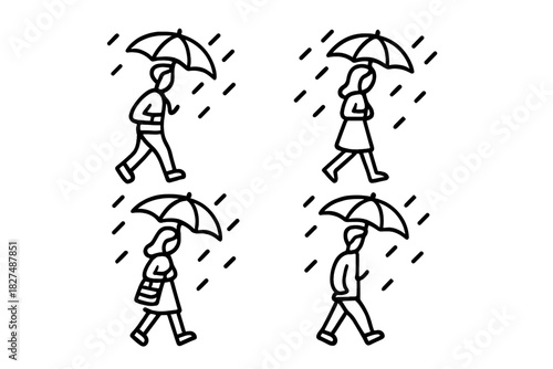 Minimalist black and white icons of people walking with umbrellas in the rain