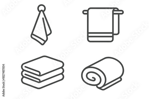 Minimalist line symbols showing towels hanging on racks, folded, and rolled for spa and hygiene concepts