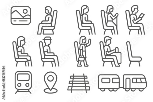 Outline icons of passengers sitting on public transportation for subway or train travel