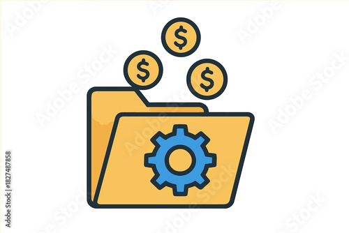 Business finance configuration folder with gear symbol and dollar currency coins
