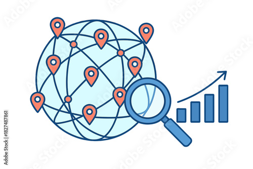 Global network analysis and business growth tracking with location pins and magnifying glass