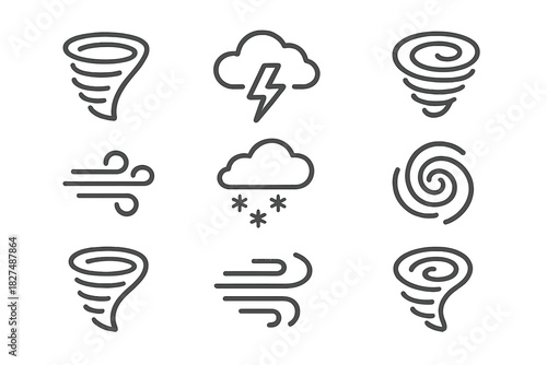 Outline symbols of extreme weather conditions including tornado, lightning, strong wind, and snowfall
