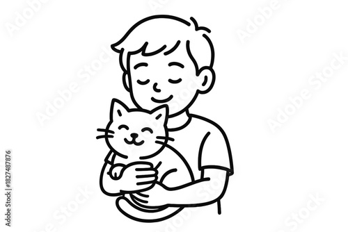 Young person affectionately embracing a happy domestic cat pet