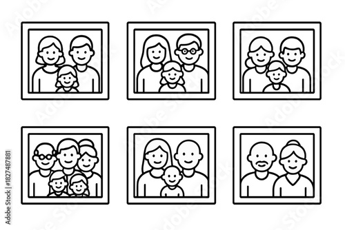 Framed portraits of various family units including parents, children, and couples