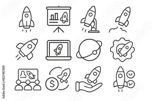 Business startup launch success icons set with rockets presentation technology and growth symbols