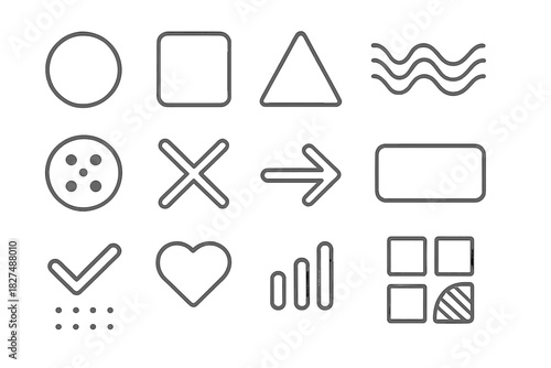 Essential user interface icons featuring shapes, navigation, and status symbols