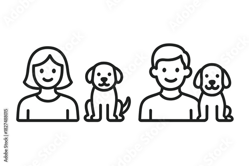 Cheerful couple, a woman and a man, smiling while walking their adorable pet dogs