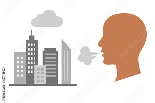 Human profile exhaling smog and air pollution towards a dense urban city skyline with gray clouds
