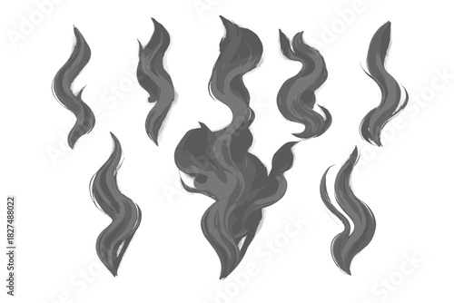 Abstract wavy gray smoke and steam shapes rising upward isolated on white