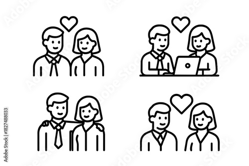 Outline symbols depicting dating, romance, love, and couple relationships in various situations