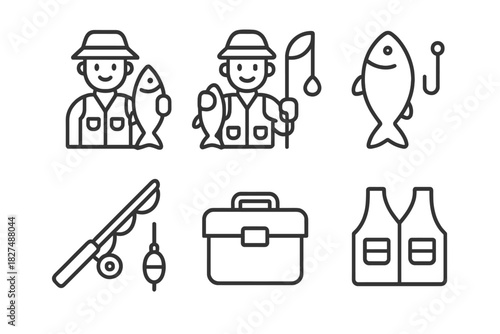 Set of fishing activity symbols featuring fisherman rod tackle box and vest