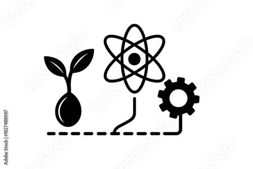 Seedling, atom, and gear icons symbolizing nature, science, and technology connection