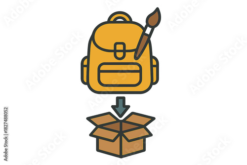 Detailed process of packing creative supplies, including a paintbrush, from a yellow backpack into a brown cardboard shipping box