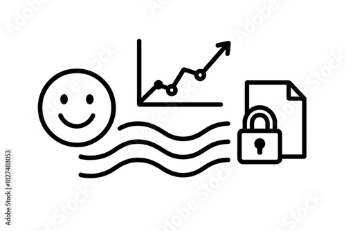 Positive business growth chart with secure data protection and customer satisfaction icons