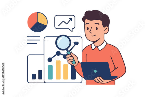 Business professional analyzing financial data and market metrics with a laptop and magnifying glass