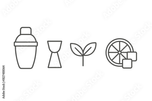 Mixology tools and ingredients set featuring shaker, jigger, mint, citrus, and ice cubes