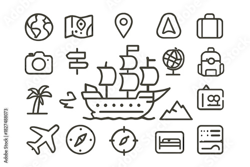 Minimalist outline icons for travel, tourism, adventure, and vacation planning