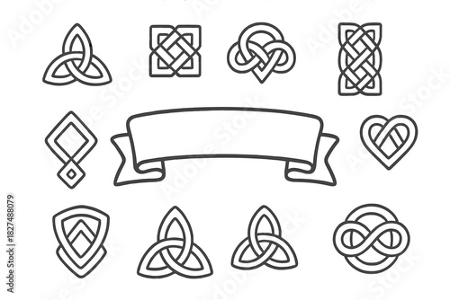 Traditional Celtic knot symbols collection with blank ribbon banner for decorative design