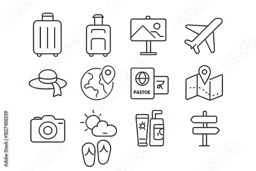 Outline symbols for travel, tourism, vacation, and summer holiday planning