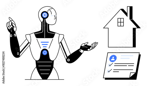 AI robot gesturing at a house and digital checklist. Ideal for smart home automation, artificial intelligence, property management, digital transformation, automation, robotics, futuristic