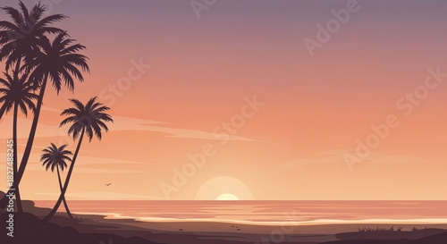 Tropical Sunset Serenity: A picturesque scene of a tropical sunset, where silhouetted palm trees frame the horizon as the sun dips into the tranquil ocean waters, painting the sky with warm hues.